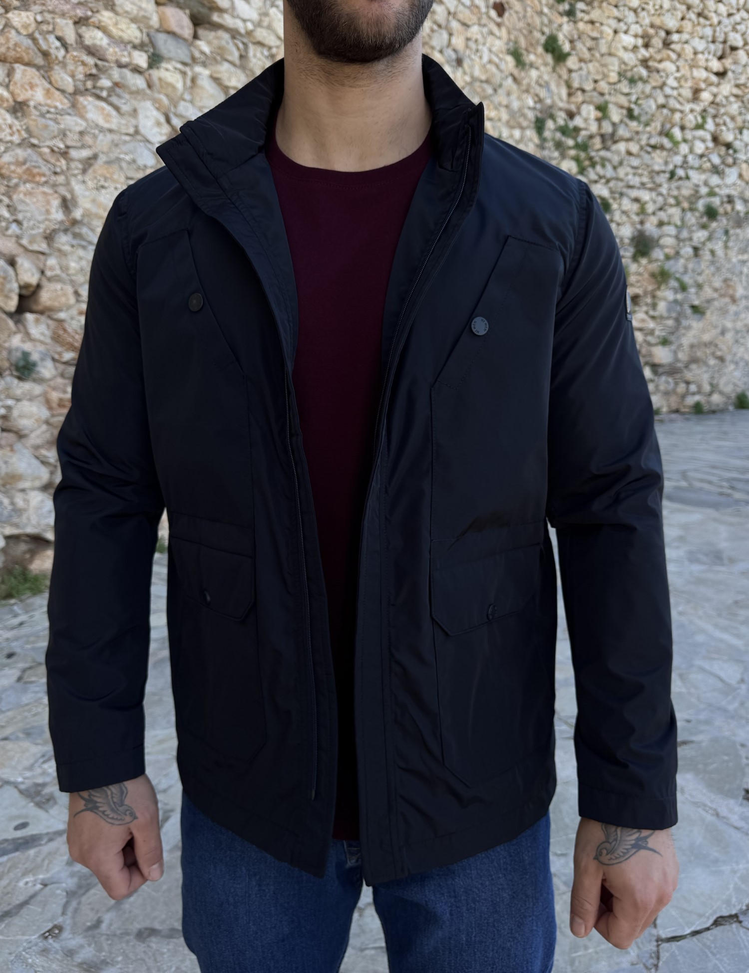 Ανδρικό μπλε ελαφρύ μπουφάν με γιακά και ίσιο τελειώμα HM264085 φωτογραφία